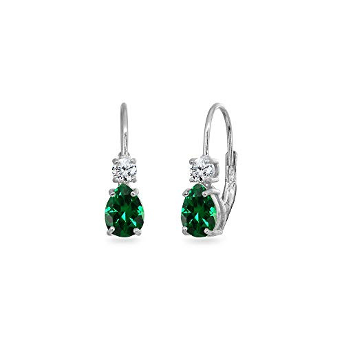Sterling Silver 7x5mm Teardrop Synthetic Green Quartz  and  Round Cubic Zirconia Dainty Leverback Earrings for Women