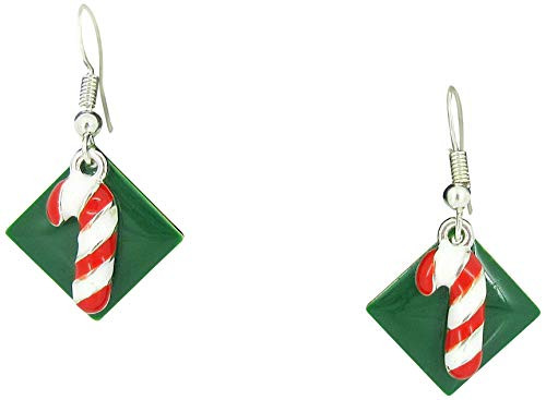 Silver-tone Green Enamel Candy Cane Charm Dangle Earrings