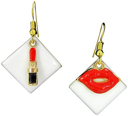 Gold-tone White Enamel Lipstick and Lip Charm Dangle Earrings