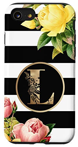 iPhone SE  2020    7   8 Initial L Monogram Vintage Roses On Black And White Stripes Case