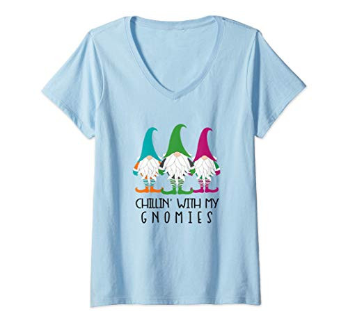 Womens Chillin With My Gnomies Garden Gnome Christmas Lawn Care V-Neck T-Shirt