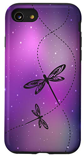 iPhone SE  2020    7   8 Pretty Black Line Art Dragonfly Trails On Purple Galaxy Case