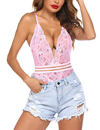 Avidlove Women Teddy Lingerie Snap Crotch Lingerie One Piece Lace Babydoll Mini Bodysuit Pink Small