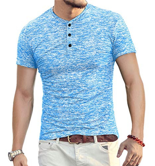 YTD Mens Fashion Casual Slim Fit Basic Henley Short Sleeve Lightweight Summer T-Shirt XL Blue