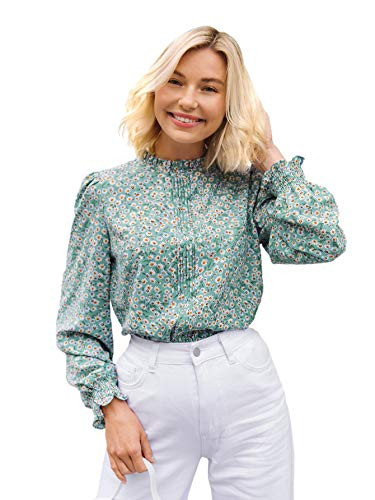 Romwe Womens Floral Print Long Sleeve Frill Mock Neck Elegant Work Blouse Tops Mint Green M