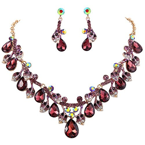 BriLove Wedding Bridal Necklace Earrings Jewelry Set for Women Crystal Enamel Teardrop Cluster Leaf Vine Statement Necklace Dangle Earrings Set Deep Amethyst Color Gold-Tone BriLove Wedding Bridal Necklace Earrings Jewelry Set for Women Crystal Enamel Teardrop Cluster Leaf Vine Statement Necklace Dangle Earrings Set Deep Amethyst Color Gold-Tone