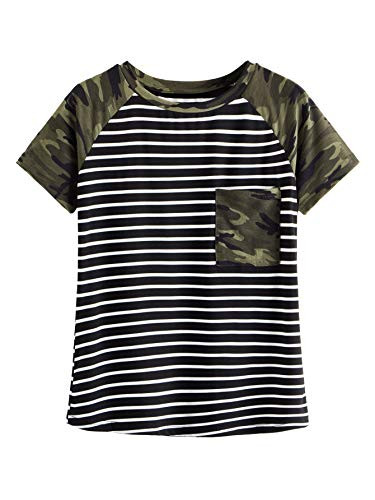 Romwe Womens Camo Print Short Sleeve Tops Striped Casual Blouses T Shirt Camo Small
