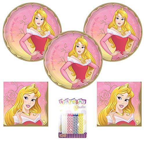 Princess Aurora Party Supplies Party Supplies Pack Serves 16 9 inch Plates and Luncheon Napkins with Birthday Candles  Bundle for 16