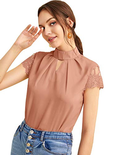Romwe Womens Elegant Lace Cap Sleeve Mock Neck Workwear Blouse Tops Dusty Pink L