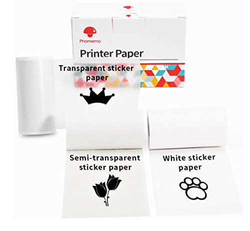 Phomemo 3 Roll Adhesive Thermal Sticker Paper White Transparent Semi-Transparent Thermal Paper for Phomemo M02 M02 Pro M02S Mini Bluetooth Thermal Pocket Printer 50mm-53mm Width 2.5m-3.5m Length
