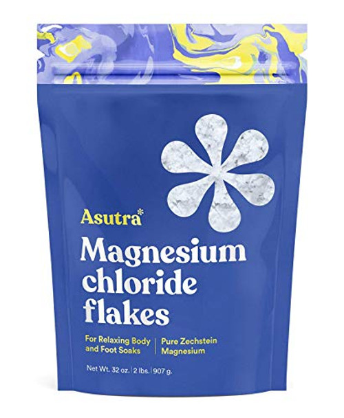 ASUTRA Magnesium Chloride Bath Flakes 2 lbs   For Foot  and  Body Soaks  Relieve Muscle Cramps   Fight Joint Pain   Stress Anxiety Headache Relief   Pure Zechstein   Absorbs Faster Than Epsom Salts