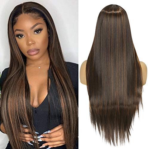 WIGER Mix Brown Wigs Long Straight Hair Wig Middle Part Natrual Heat Resistant Synthetic Fiber Party Cosplay Costume Full Wigs for Women Girls