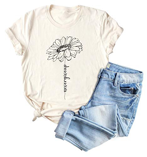 MK Shop Limited Womens Sunflower Never Give Up Shirt Graphic Printed Casual Short Sleeve O-Neck Tee Tops Blouse BeigeXL