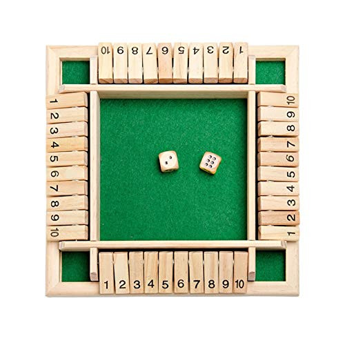 1-4 Players Wooden Board Game Classic 4 Sided Shut The Box Dice Game with 10 Dice and Shut-The-Box Instructions for Kids Adults Classics Tabletop Version and Pub Board Game