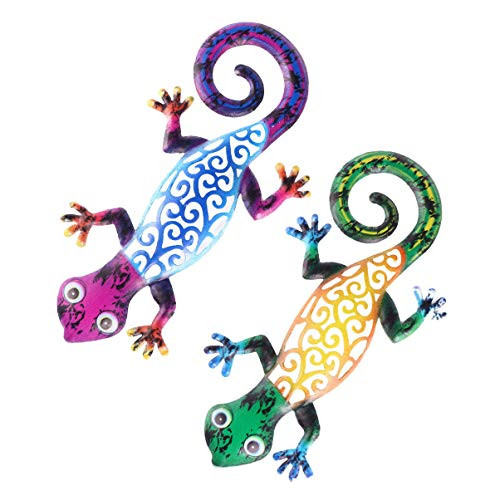 YARDWE 2pcs Metal Wall Hanging Adornment Gecko Shape Wall Art Sculpture Wrought Iron Hanging Ornament Garden Decor for Outdoor Patio Yard  Blue and Yellow