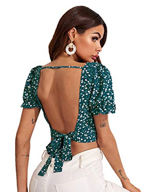 Floerns Womens Floral Print Square Neck Backless Tie Back Crop Top Blouse Green Floral L