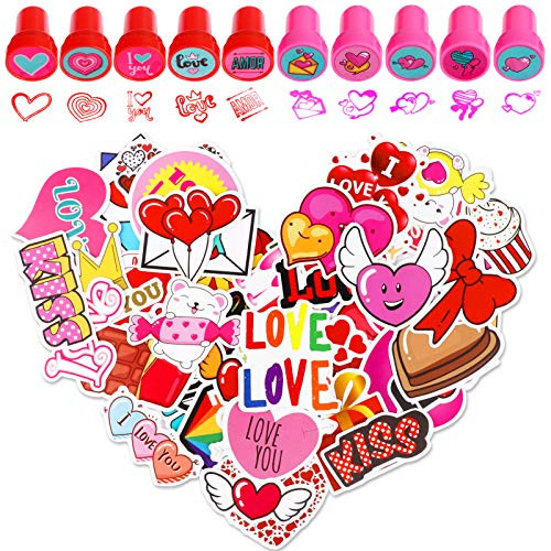 Konsait Happy Valentines Day Stamps Stickers Bulk for Kids Assorted Valentines Day Self Inking Heart Stampers Stickers for Cards Scrapbook Envelope Valentines Party Favor Holiday Crafts Supplies