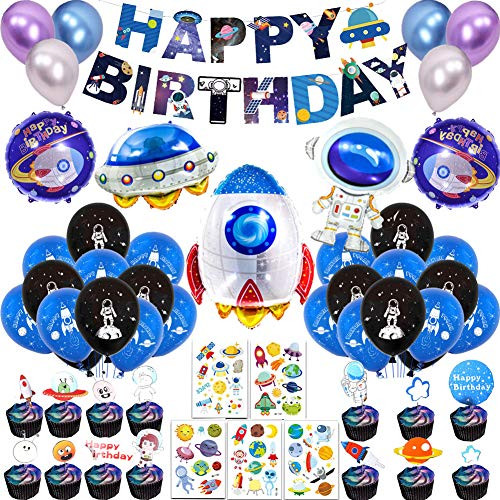 66Pcs Outer Space Birthday Party Supplies for Kids Universe Space Theme Party Decorations Solar System Happy Birthday Banner Cupcake Toppers Rocket Astronaut Balloons Planet Galaxy Themed Party Decor