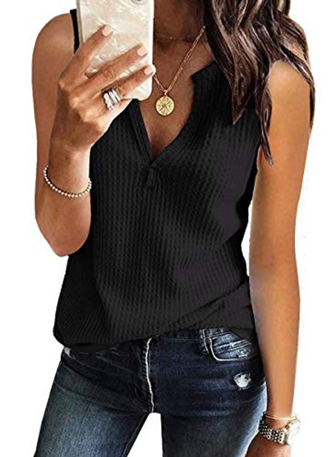 MIROL Womens Sleeveless Tank Tops V Neck Shirts Waffle Knit Solid Color Tunic Tops Casual Summer Basic Blouse Black MIROL Womens Sleeveless Tank Tops V Neck Shirts Waffle Knit Solid Color Tunic Tops Casual Summer Basic Blouse Black