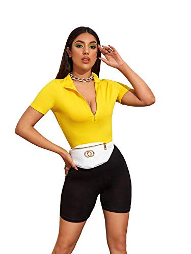 MakeMeChic Womens Zip Half Placket Rib Knit Fitted Short Sleeve Crop Top Tee Bright Yellow S