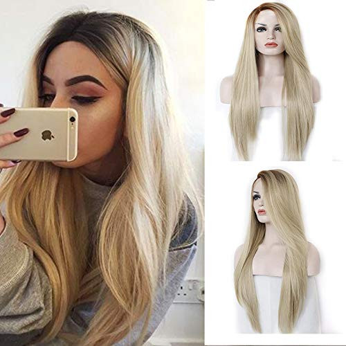Ombre Ash Blonde Wigs Long Straight Wigs with Middle Part Heat Resistant Synthetic Wigs for Women