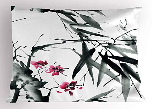Ambesonne Japanese Pillow Sham Natural Bamboo Stems Cherry Blossom Japanese Inspired Folk Print Decorative Standard Size Printed Pillowcase 26 inch X 20 inch Dark Green Fuchsia