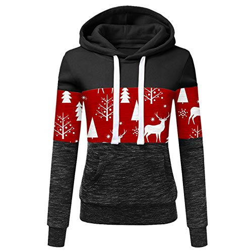 POTO Womens Long Sleeve Sweatshirt Christmas Print Lightweight Hoodie Jackets Color Block Pullover Sweater with Pockets Black