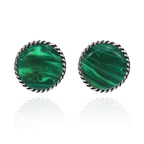 Elegant Braided Border Round Green Malachite Inlay .925 Sterling Silver Stud Earrings