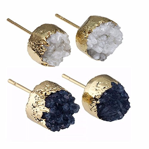 SUNYIK White Black Titanium Coated Crystal Quartz Geode Druzy Stud Earrings SUNYIK White Black Titanium Coated Crystal Quartz Geode Druzy Stud Earrings