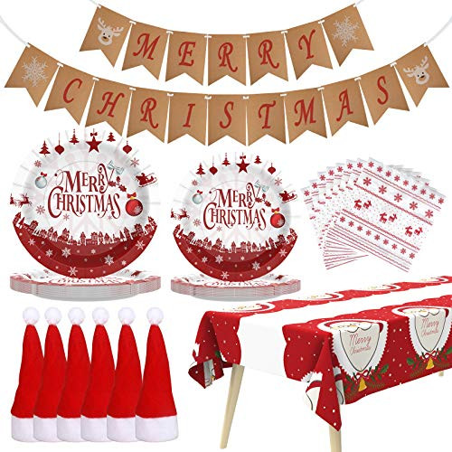 Christmas Paper Plates Christmas Decorations Disposable Dinnerware Set Christmas Party Supplies Napkins Tablecloth Banner Santa Hat Tableware Holders Christmas Dinner Plates Serves 24