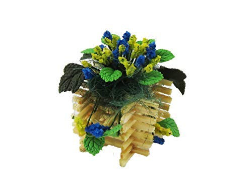 Melody Jane Dollhouse Blue Yellow Flower Display in Wooden Planter Garden Accessory