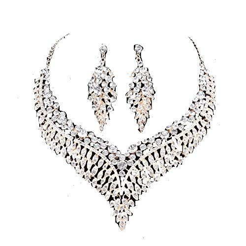 Women Bridal Rhinestone Crystal Statement Necklace Earring Wedding Dress Jewelry Sets  White1