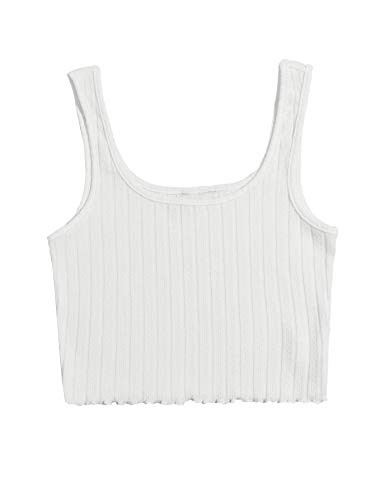 Milumia Women Casual Ribbed Knit Crop Tank Top Scoop Neck Lettuce Trim Solid Cami White Large
