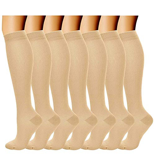 Acexy Compression Socks  7 Pairs  for Women  and  Men 15-20 mmHg is Best Athletic  and  Medical for Running Flight Travel Nurses  Beige L XL