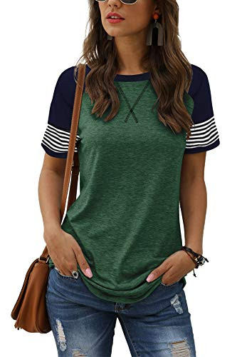 Adibosy Womens Tops Short Sleeve Casual Tunic Shirts Round Neck Striped Color Block Blouse T-Shirt Green M