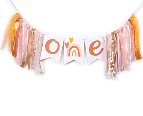 Bohemian Party Rainbow Birthday Banner -1st Birthday high Chair Bunting Decoration Silent and Neutral Modern Girl Smash Cake Props Photographer Photo Props.  Bohemian Rainbow