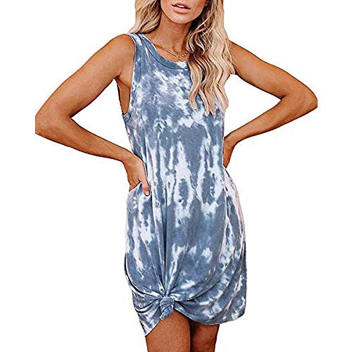 BUGTRAP Womens Casual Tie Dye Short Crew Neck Dress Sleeveless Loose Summer Tank Dresses Side Knot T Shirts Mini Dress Grey Blue