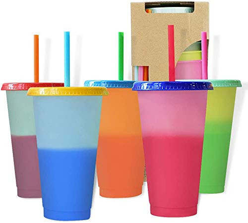 Color Changing Cups 5 Pack - 24 oz Reusable Cups Lids and Straws BPA Free Color changing stadium cup - Adult Kids Coffee Cup Party Cup