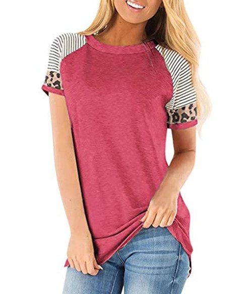 Women s Round Neck Tee Tops Color Block Stripe T-Shirts Short Sleeve Loose Casual Fit Tunic Top Baggy Comfy Blouse Red 2XL