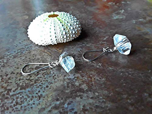 Wire Wrapped Herkimer Diamond Style Double Terminated Quartz Kidney Hook Earrings Silver