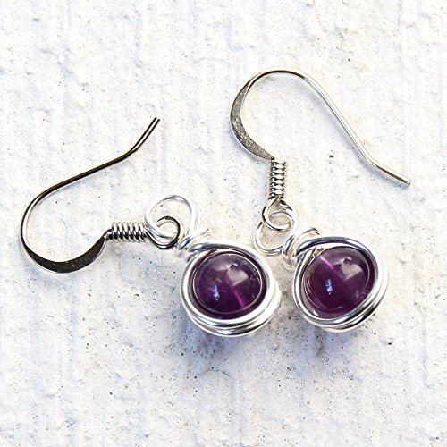 Amethyst Beads Dangle Earrings Semi Precious February Birth Stone Jewelry
