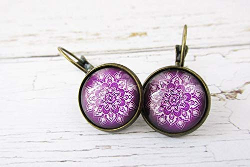 Purple Mandala Earrings Glass Drop Lever Back Earrings Boho Hippie Jewelry for Women Gift for Her Purple Mandala Earrings Glass Drop Lever Back Earrings Boho Hippie Jewelry for Women Gift for Her