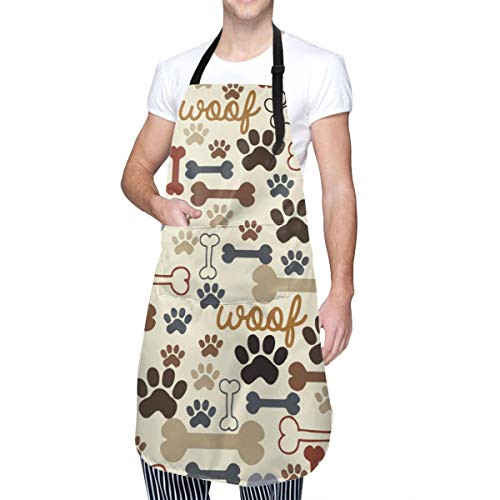 FEAIYEA Apron Adjustable Neck Kitchen Aprons Dog Paw Prints Bones Print Durable Waterproof with Pockets for Men Women Cooking Baking BBQ Gardening