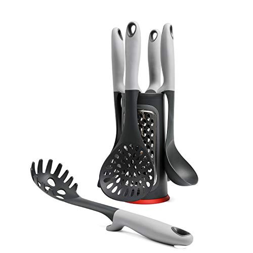 6 Piece Cooking Utensils Set Heat Resistant Nylon Silicone Kitchen Utensil Set with Stand Slotted Turner Spoon Skimmer Ladle Spaghetti Server