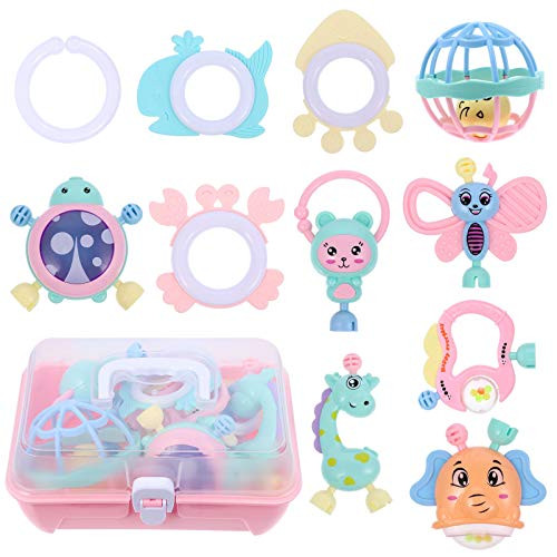 Kisangel Baby Rattles Toy Set with Storage Box Silicone Baby Rattles Teether Chewing Toys Infant Grasping Grab Toy Spin Shaking Bell Musical Toy for Newborn Gift  Random Color