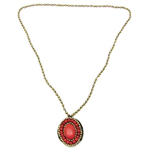 AeraVida Red Garden Reconstructed Red Coral and Fashion Brass Beads Embroidered Handmade Necklace