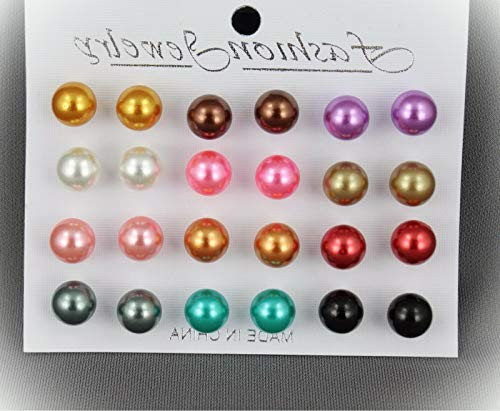 12 Pair Faux Pearl Earrings For Women Set Bead Ball Stud Post Earrings For Women Set Pack Multi Color