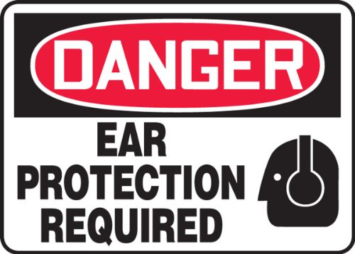 Accuform MPPE031VA Aluminum Safety Sign Legend inchDanger Ear Protection Required inch with Graphic 7 inch Length x 10 inch Width Red Black on White