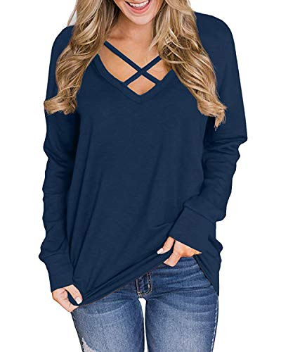 Genhoo Womens V Neck Criss Cross Long Sleeve T Shirt Tunics Tops Blouses Pullover Sweatshirt  Navy BlueXL