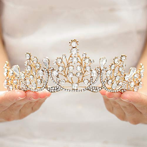 Clairy Baroque Wedding Crown Crystal Bride Tiara Branches Crown and Tiara Rhinestone Bridal Headpieces for Women and Girls  Gold